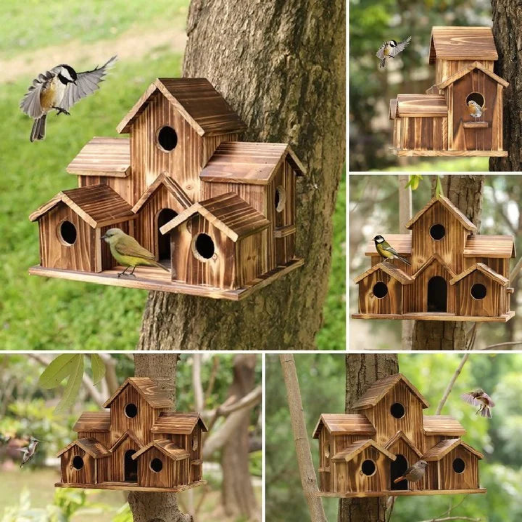 Ruim dennenhouten vogelhuisje met 6 nestopeningen voor kleine tuinvogels. Ideaal als meervoudig nestkastje.
