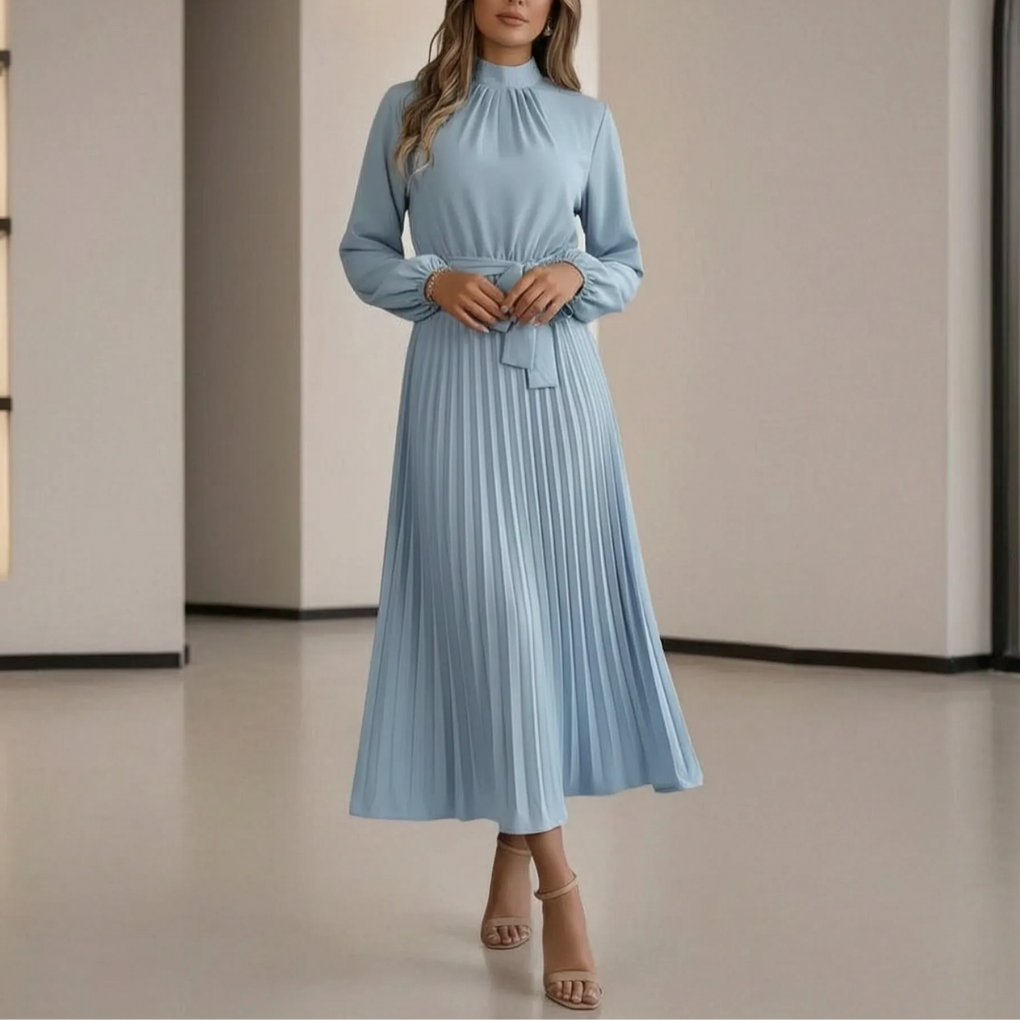 Elegante dames geplooide midi-jurk met lange mouwen en taillestrik. Perfect voor formele gelegenheden.