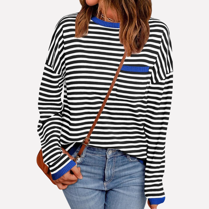 Zachte gestreepte gebreide pullover voor vrouwen, comfortabel en stijlvol voor herfst en lente, ontspannen draagcomfort.