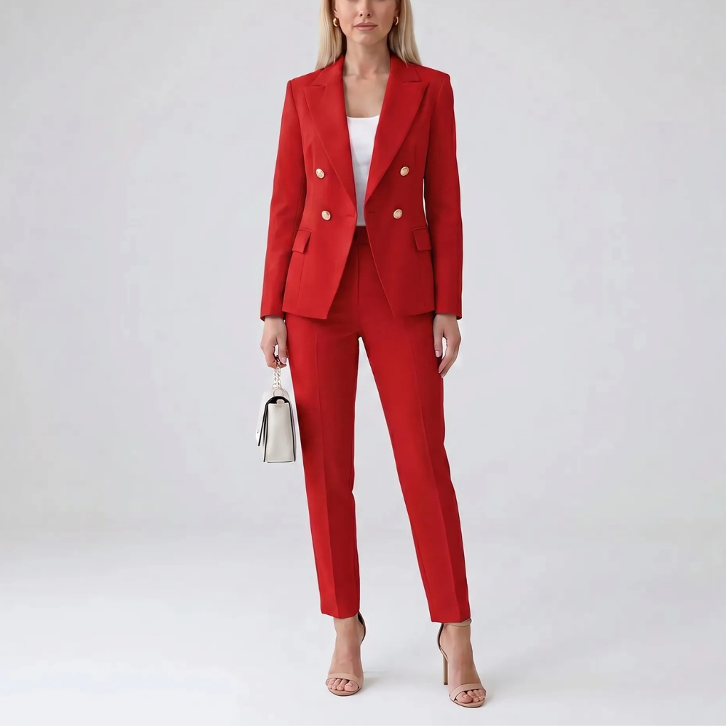 Veelzijdig formeel dames broekpak: een elegant jack en een klassieke rechte broek voor diverse gelegenheden.