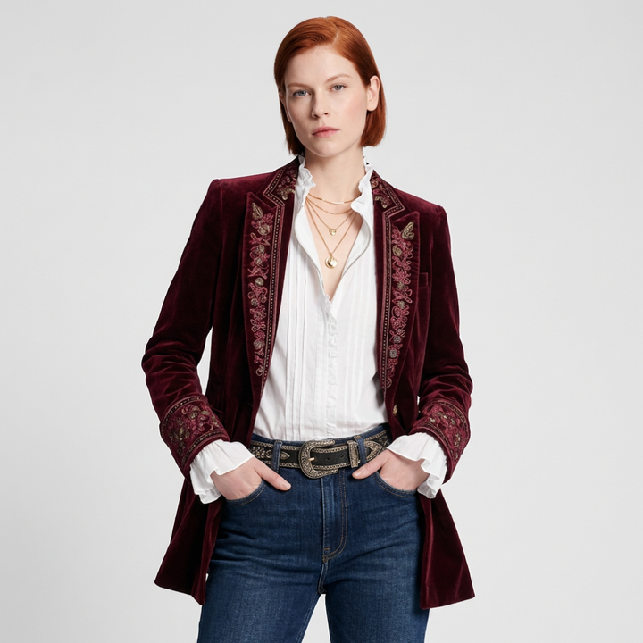 Vrouwen geborduurde lange blazerjack in elegant vintage design, perfect voor modebewuste dames.