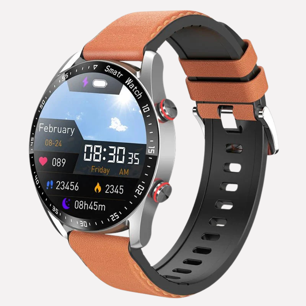Zwart heren smartwatch New5 met leren band. Gezondheidstracker met ECG, hartslag & slimme meldingen.