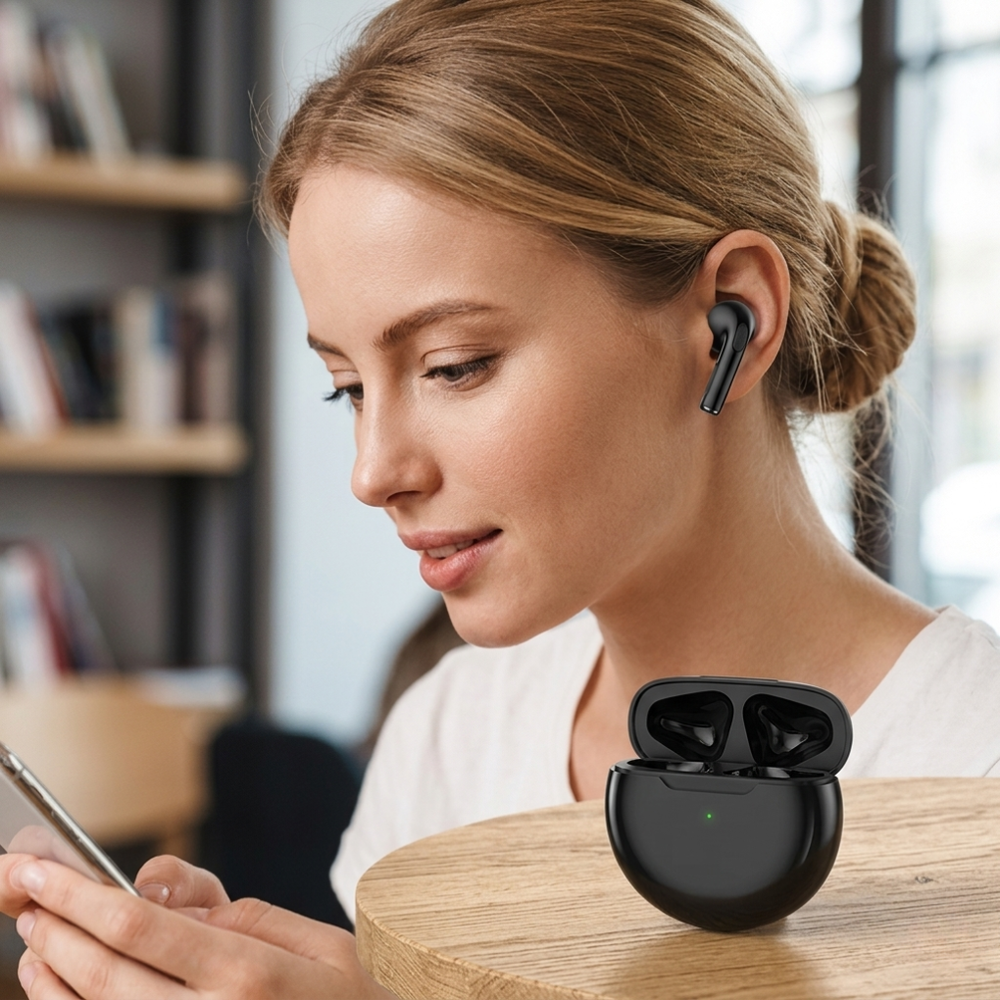 Air Pro 6 draadloze oordopjes en compacte oplaadcase. Ideaal voor onderweg; draagbaar Bluetooth gemak.
