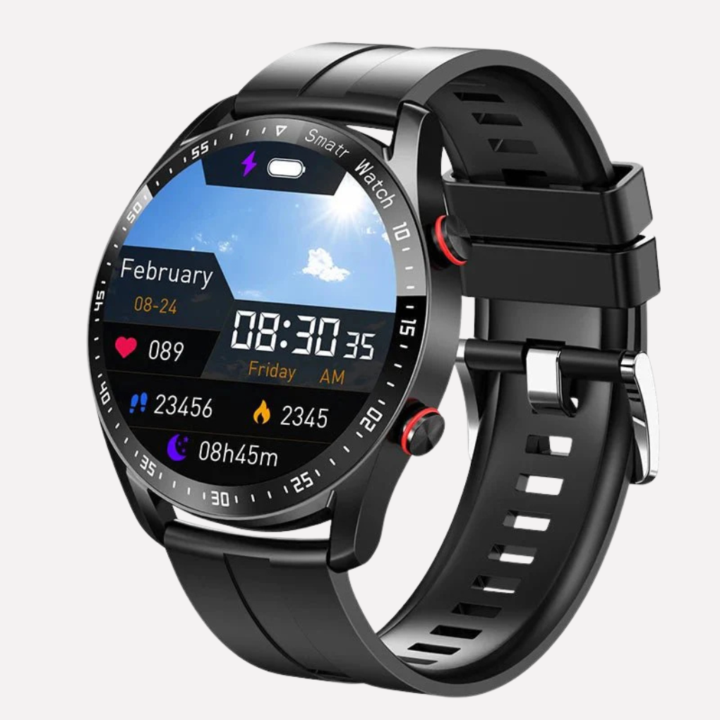 Man draagt heren smartwatch New5 met ECG & hartslagmeter tijdens sport. Activiteitstracker voor een actieve levensstijl.