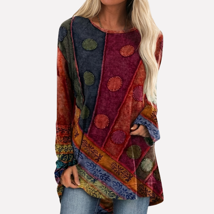 Comfortabele dames patchwork tuniek met lange mouwen voor lente en herfst, perfect voor een casual look.