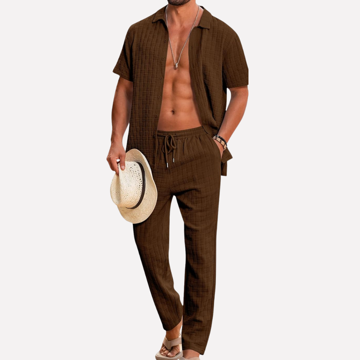 Mannen 2-delige strandoutfit AM1 in wit, losse pasvorm polyester/spandex voor comfortabele zomerkleding en vakantie.