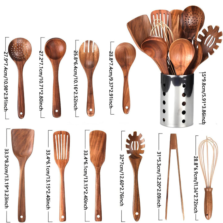 Mooie set van 11 teakhouten keukengerei, zoals spatels en lepels, met compacte houder. Natuurlijke look.