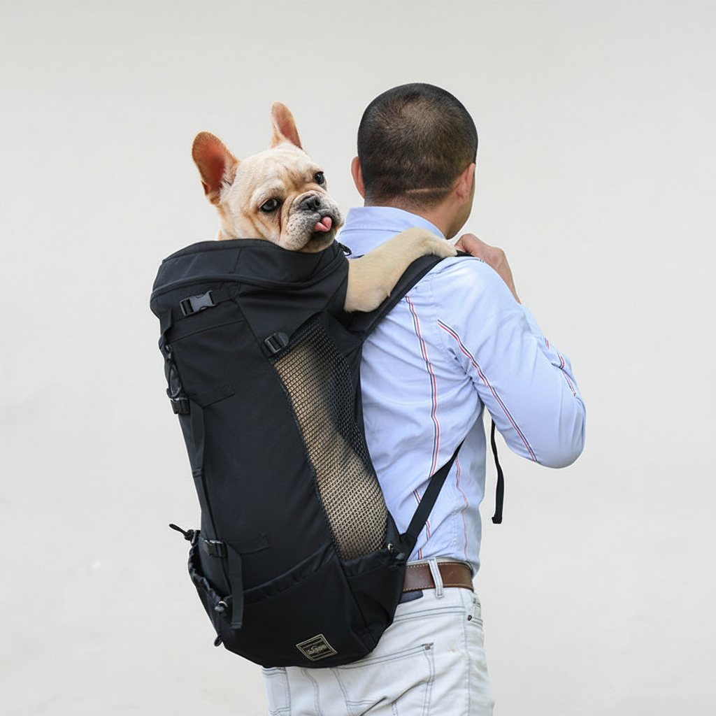 Gelukkige hond in veilige, ergonomische draagrugzak geniet van uitzicht tijdens avontuurlijke wandeling. Voor alle maten.