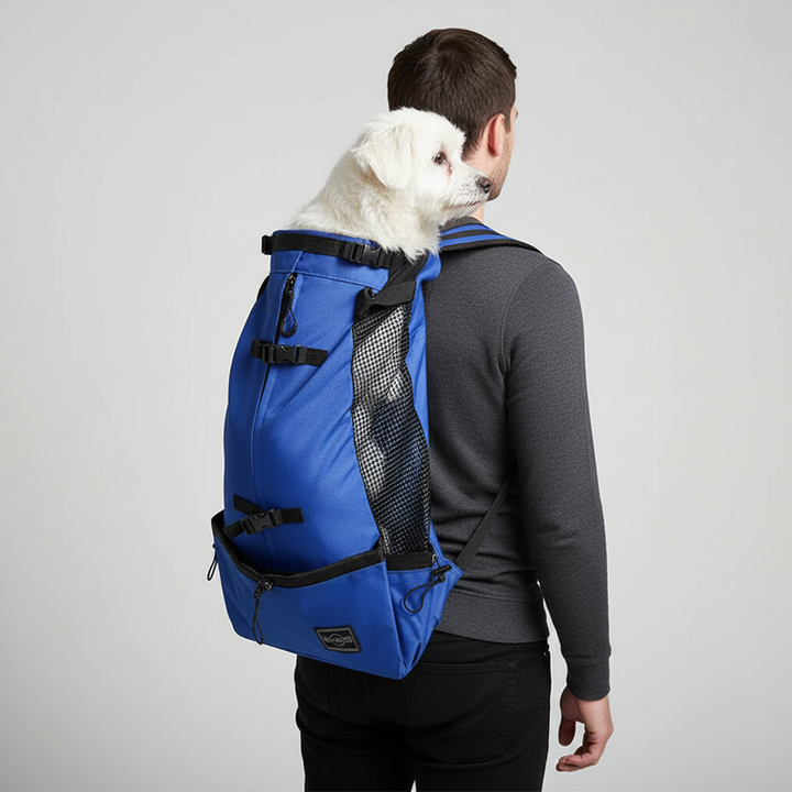 Hoogwaardige hondendraagrugzak met veiligheidsgordels en ademend materiaal voor honden van alle groottes.