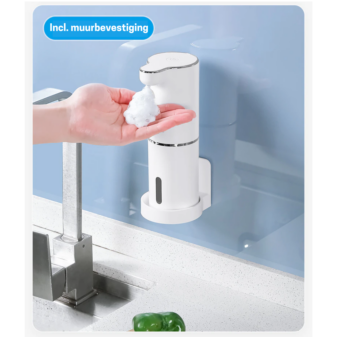 Oplaadbare contactloze schuimdispenser met sensor, navulbaar en hygiënisch, perfect voor dagelijks handen wassen.