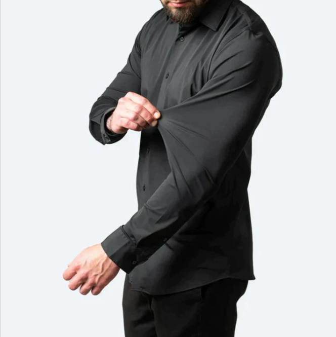 Zakelijk herenoverhemd met stretchstof, lange mouwen en klassieke knoopsluiting. Elegant en comfortabel.