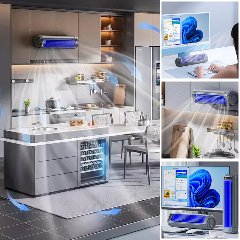 Compacte mobiele airco voor snelle verkoeling. Deze draagbare ventilator is oplaadbaar en perfect voor bureau of wand.