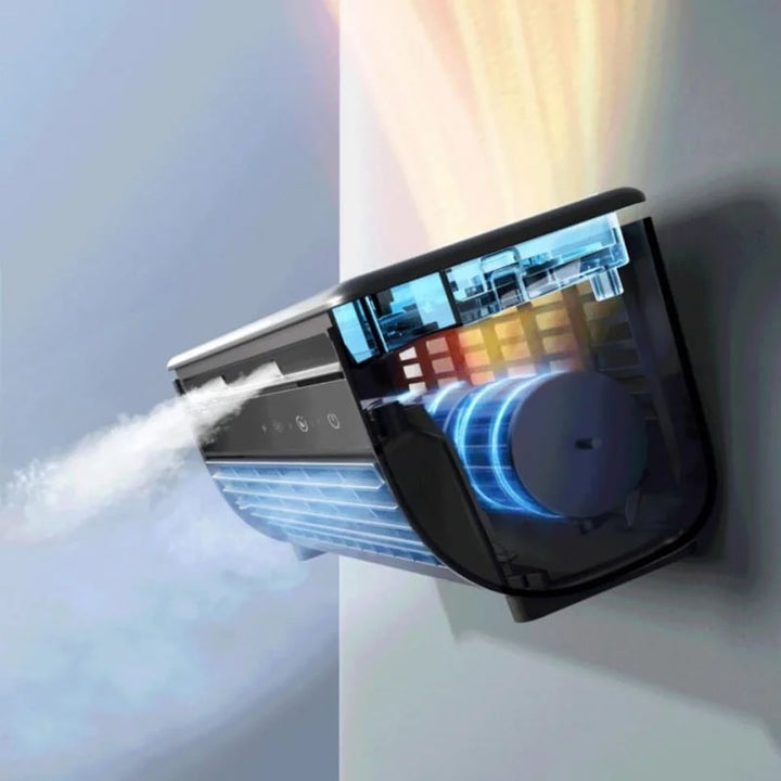 Krachtige draadloze bureauventilator, tevens draagbare luchtkoeler. Perfect voor snelle, geruisloze zomer verkoeling.