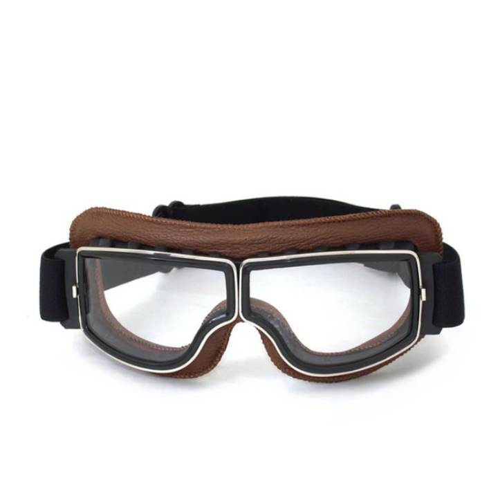 Stijlvolle retro motorbril van leer voor een klassieke look; unisex oogbescherming tijdens motorrijden.