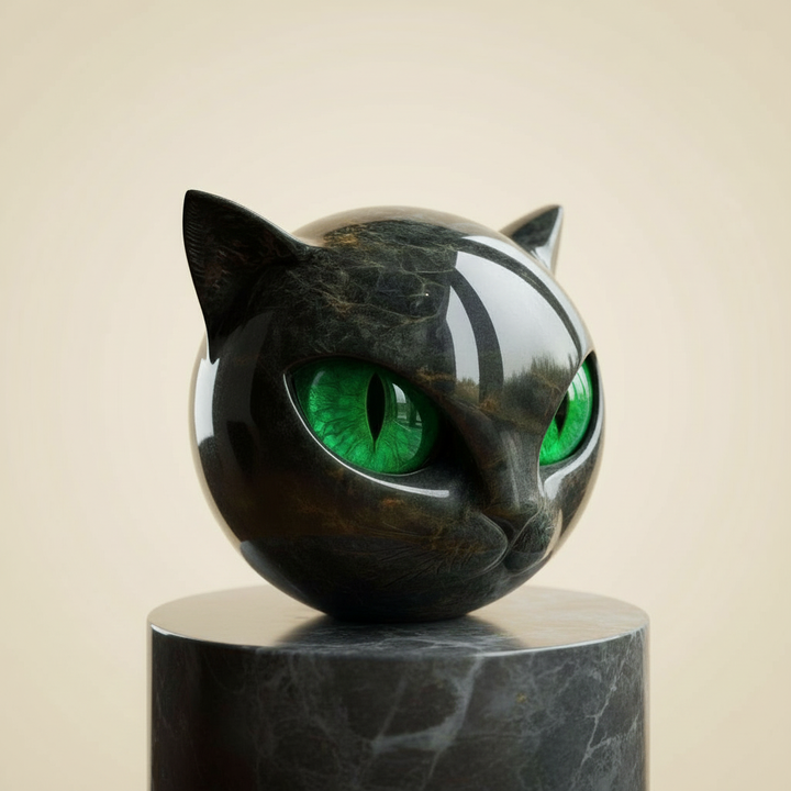 Zwarte hoogglans NoirCat sculptuur, decoratieve kattenkop buste. Perfect modern design object voor desktop.