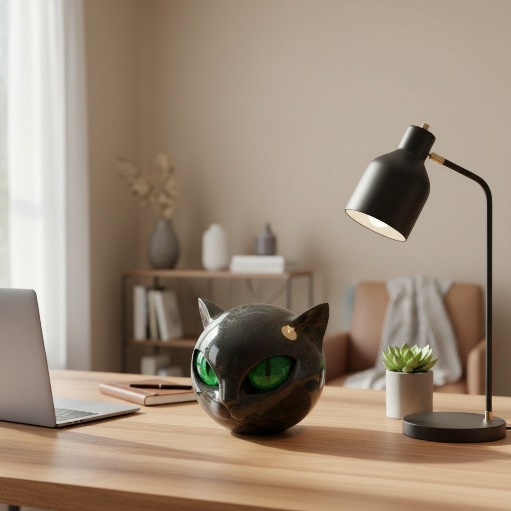 Reflecterende zwarte kattenkop sculptuur, een stijlvol kunstobject voor woondecoratie.