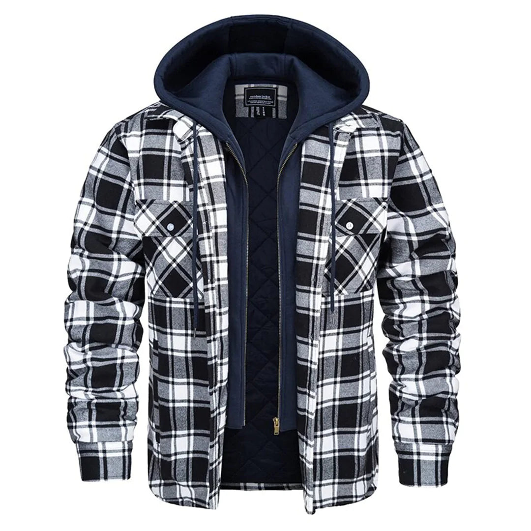 Moderne geruite heren winterjas; combineert klassiek plaid met comfort en warmte.