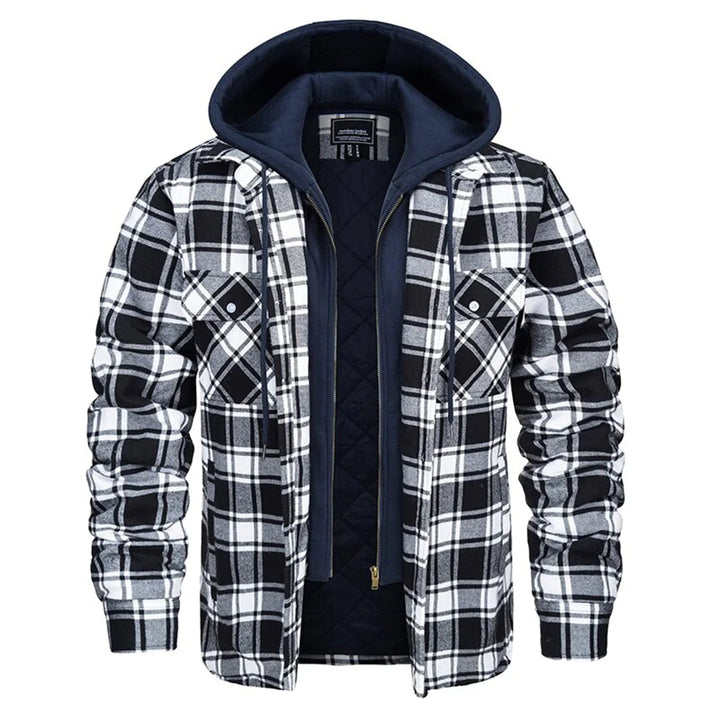 Moderne geruite heren winterjas; combineert klassiek plaid met comfort en warmte.