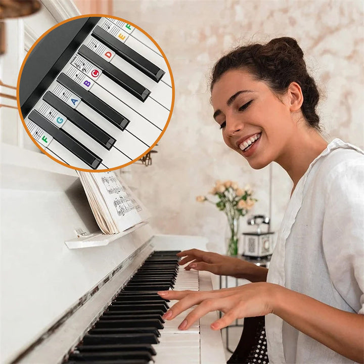 Siliconen notenlabels voor 88-toetsen piano & keyboard, ideaal leermiddel voor beginners.
