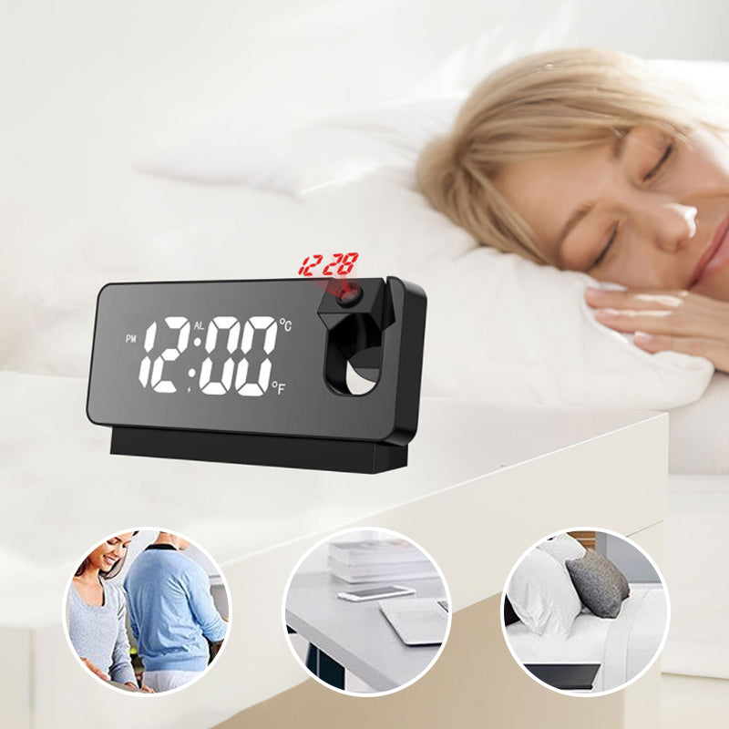 Witte smart klok met projectiefunctie, digitale tijdweergave en dubbel alarm, een stijlvol woonaccessoire.