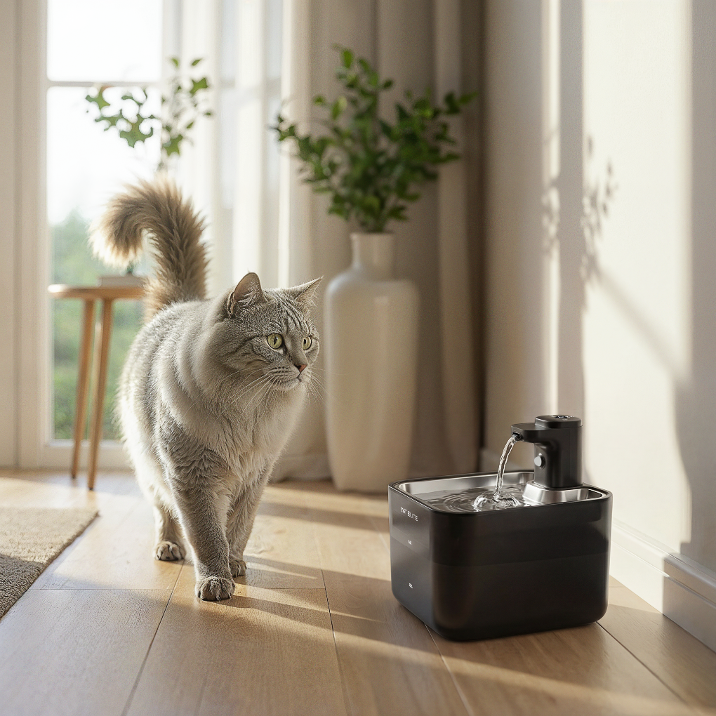Stille waterfontein kat mvb26 met gezuiverd water, essentieel voor huisdier hydratatie en welzijn.