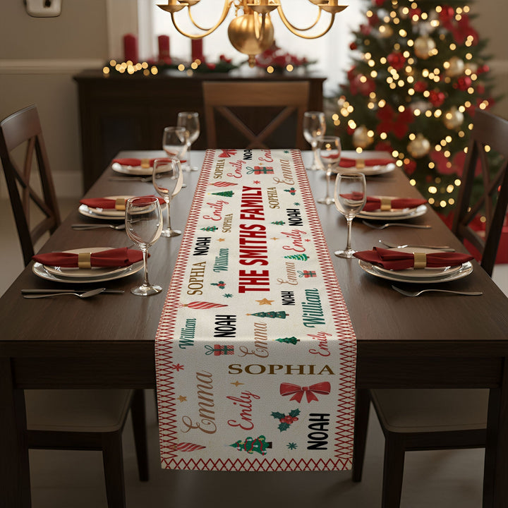 Familievriendelijke kerst tafelloper, gepersonaliseerd voor gezellige feestdagen en kerstviering.