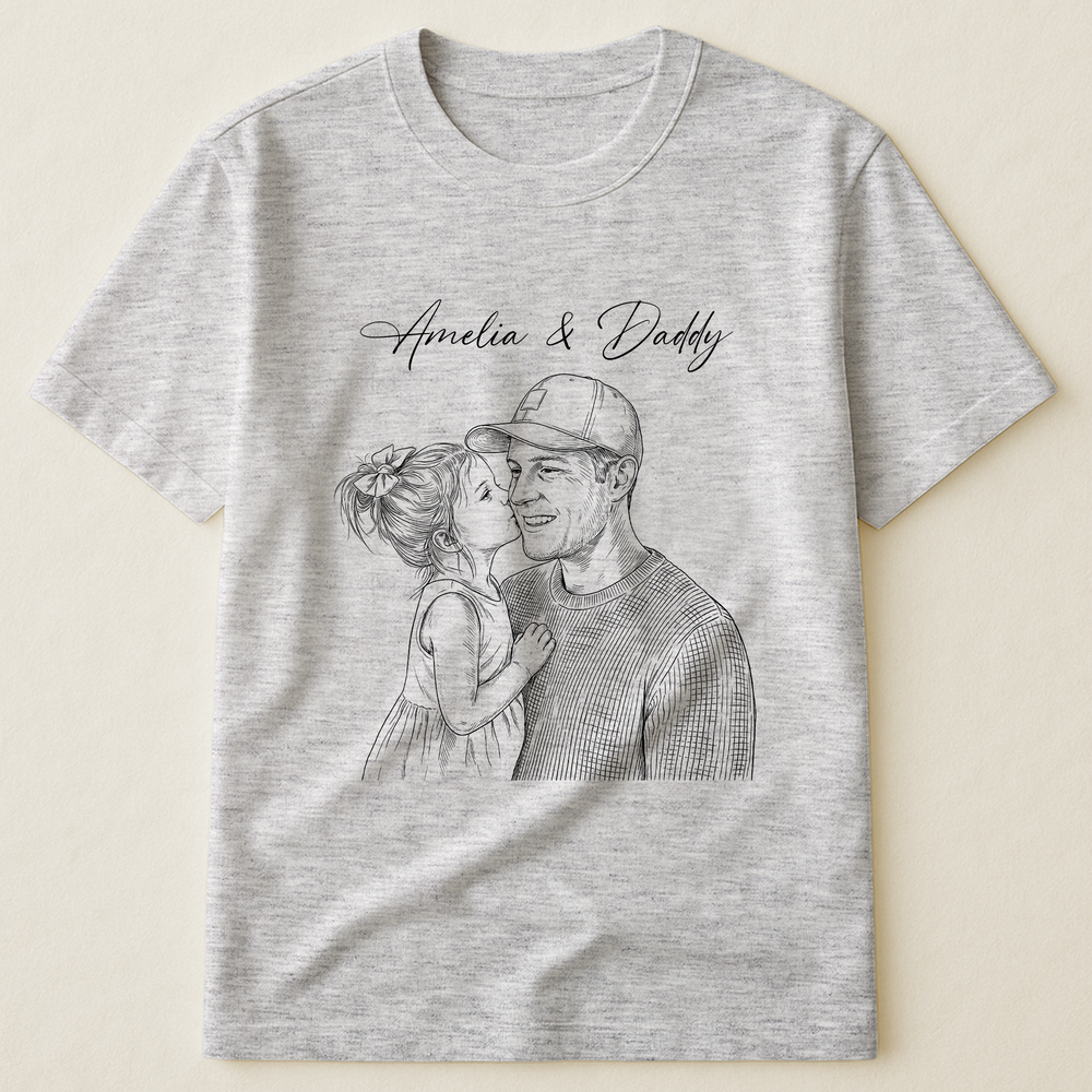 Gepersonaliseerd unisex T-shirt met lijnkunst fotoschets. Ideaal Vaderdag of verjaardagscadeau.