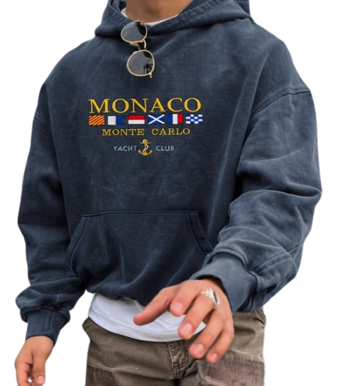 Heren Old Money Monaco Yacht Club hoodie, luxe grijze capuchontrui, comfortabel en stijlvol voor herenmode.