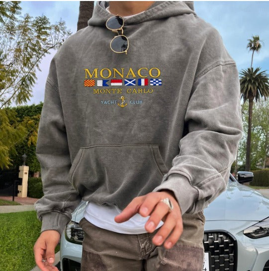 Comfortabele heren hoodie in Old Money stijl, Monaco Yacht Club capuchontrui, ideaal voor winter & herfstmode.