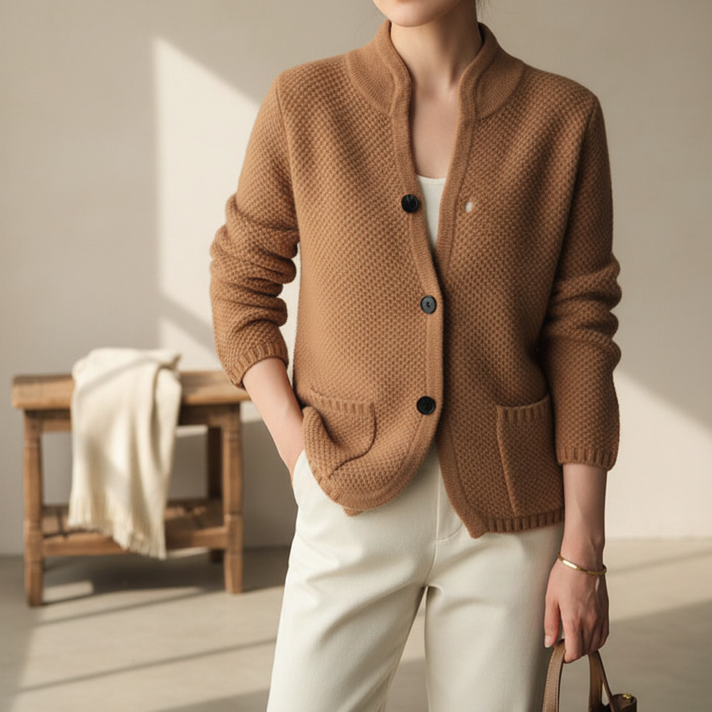 Witte figuuraccentuerende dames cardigan Tanya. Elegant gebreid vest voor een comfortabele en tijdloze lente look.