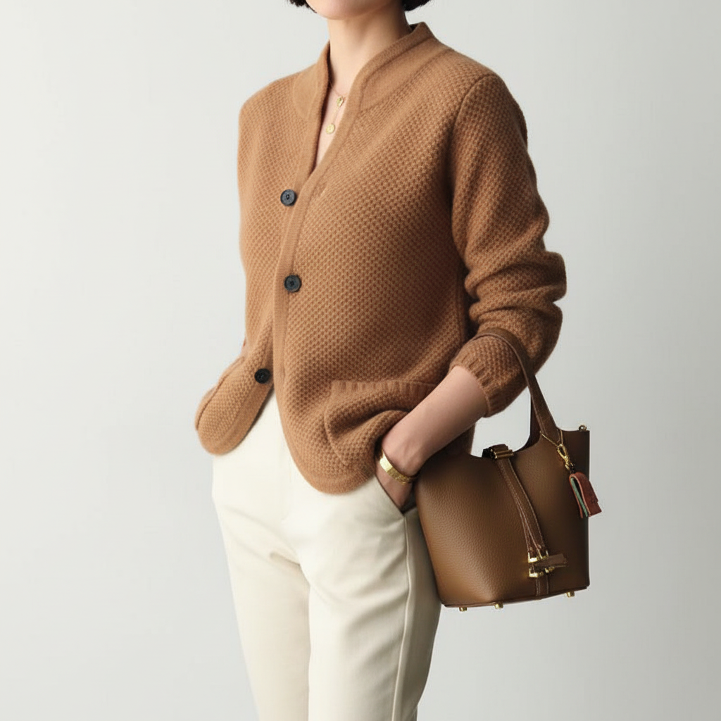 Bruine figuuraccentuerende dames cardigan, zacht en comfortabel. Ideaal vest voor een stijlvolle najaarsoutfit.