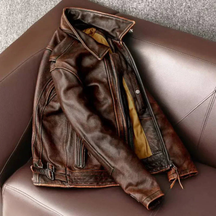 Premium retro leren herenjas in bruin, van echt leer. Tijdloze slim fit jas met vintage look, perfect voor heren.