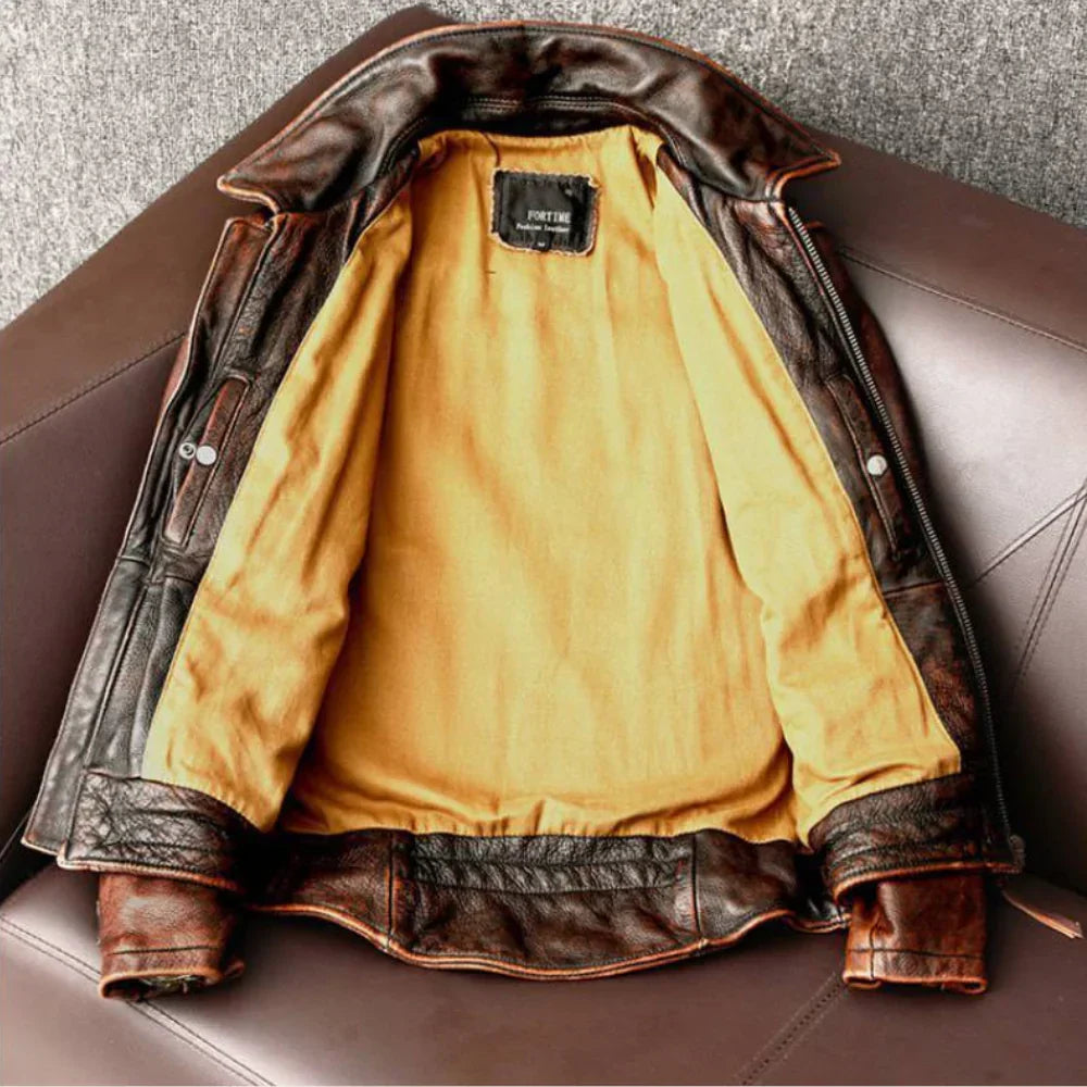 Slim fit bruine heren leren jas met retro stijl, van premium echt leer. Ideaal als herfstjas of lentejas.