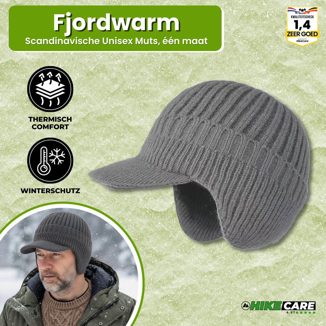 Unisex wintermuts FjordWarm met oorbescherming; gebreide warme beanie voor winterse outdoor activiteiten.