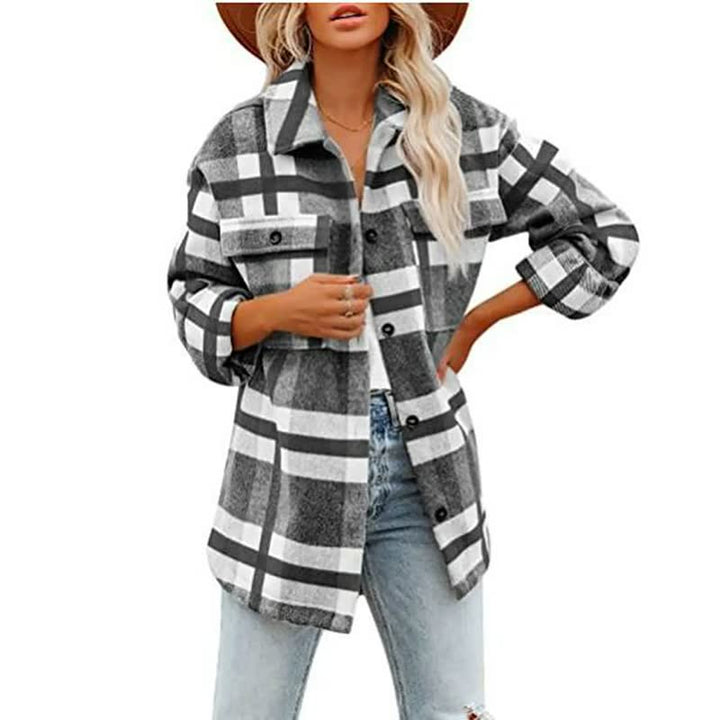 Comfortabele damesblouse met lange mouwen en trendy ruitdessin, perfect voor herfst/winter.