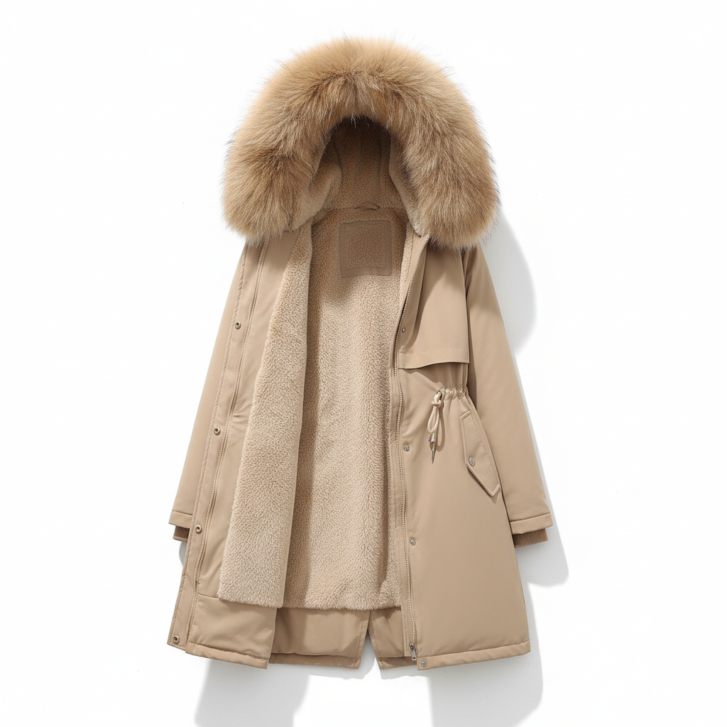 Comfortabele dames winterparka met capuchon en warme voering. Perfecte modieuze damesjas voor elke winterdag.