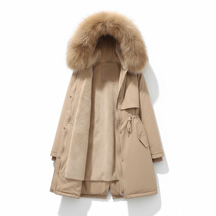 Comfortabele dames winterparka met capuchon en warme voering. Perfecte modieuze damesjas voor elke winterdag.