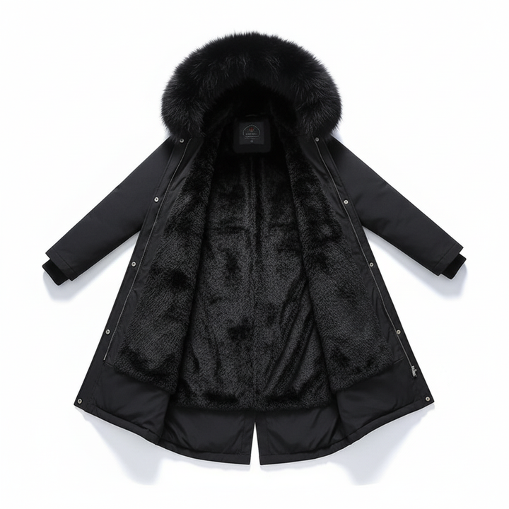Warme dames winterjas met capuchon, de Silvia parka. Essentiële winterkleding die beschermt tegen de kou.