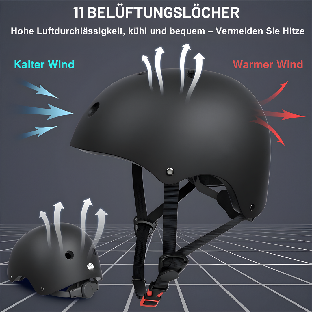 Gedetailleerde weergave van de ventilatieopeningen op de SafeRide helm voor maximaal comfort.