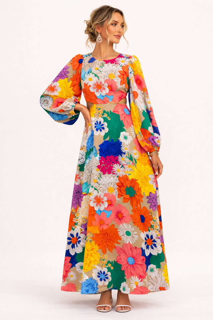 Elegante dames maxi-jurk met levendige bloemenprint en stijlvolle pofmouwen. Perfect voor lente en zomer.