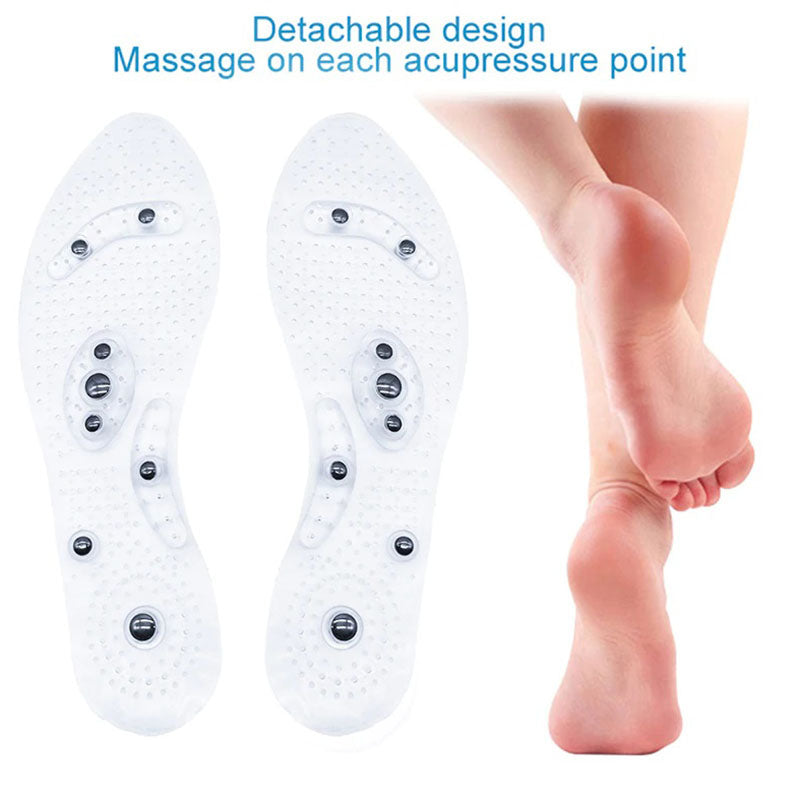 Flexibele acupressuur inlegzolen voor diepe voetmassage, ideaal bij vermoeide voeten en klachten.