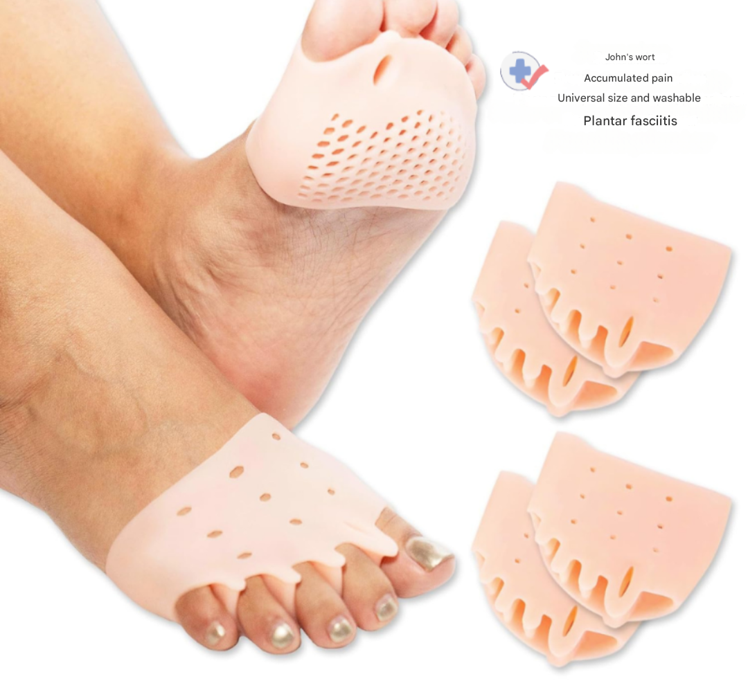 Flexibele siliconen teenenspreiders met kussenpads, zorgen voor comfort en correctie van de teenstand.