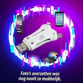 Universele gegevens backup adapter voor smartphones, met USB, USB-C, Lightning en Micro USB aansluitingen voor veilige opslag.