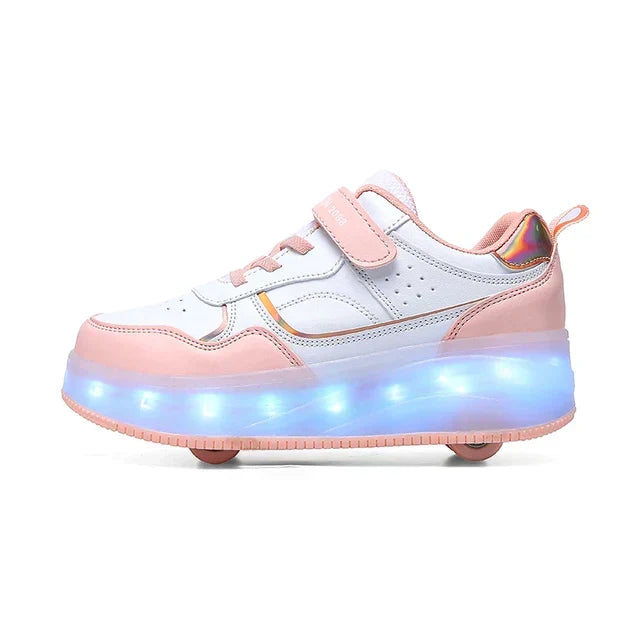 Sportieve sneakers met LED verlichting en rolsysteem, een trendy vrijetijdsschoen voor jongens en meisjes in roze/paars.