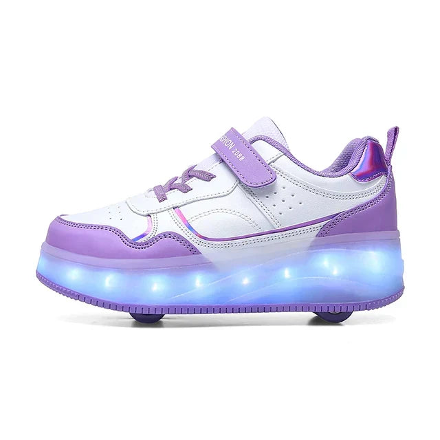 Lichtgevende unisex rolsneakers met vier wielen, sportief roze/paars design en comfort voor jeugd en kinderen.