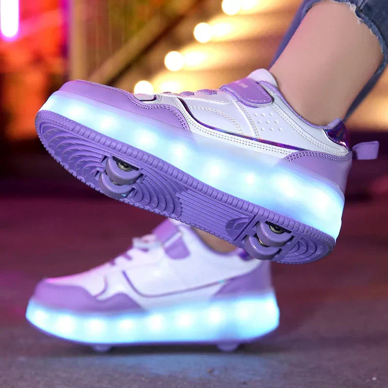 Comfortabele rolsneakers voor jeugd, met roze en paarse LED verlichting en vier wielen voor extra plezier.
