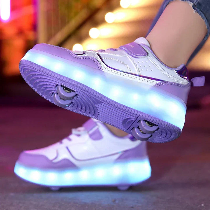 Comfortabele rolsneakers voor jeugd, met roze en paarse LED verlichting en vier wielen voor extra plezier.