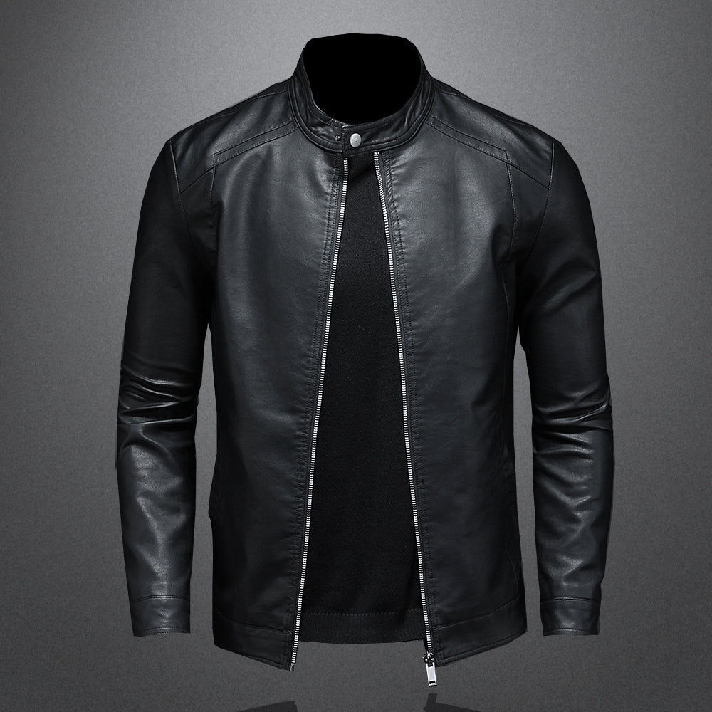 Heren zwarte leren motorjas met robuuste ritsen, perfect voor een stoere en comfortabele biker look.