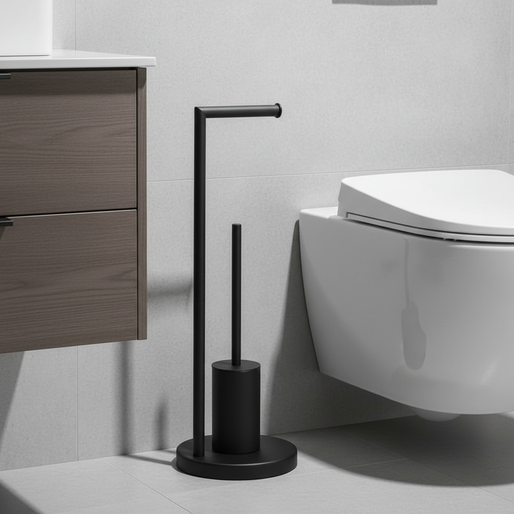 Moderne wandgemonteerde toiletrolhouder met geïntegreerde toiletborstel, ruimtebesparend badkameraccessoire.