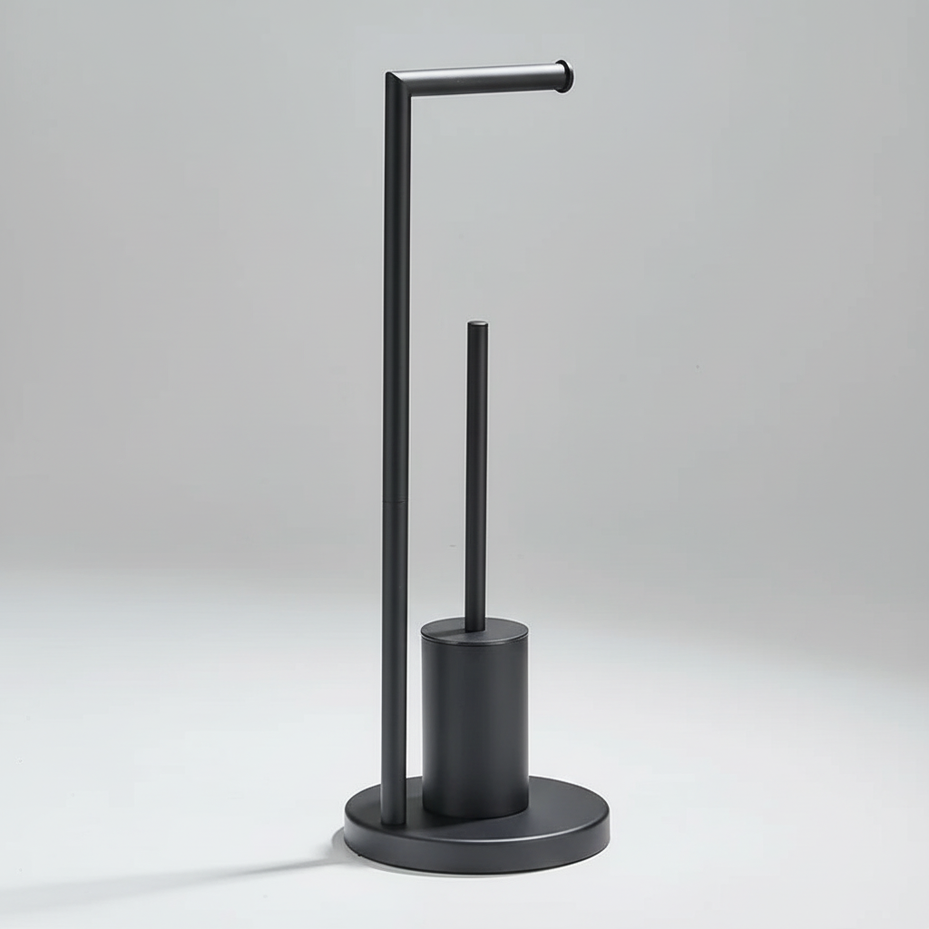 Zwarte wandgemonteerde toiletrolhouder met borstel voor optimale hygiëne in de moderne badkamer.